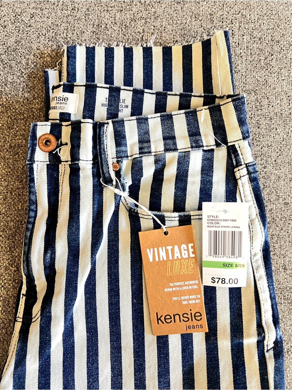 Kensie Striped High-Rise Jeans - Navy & White